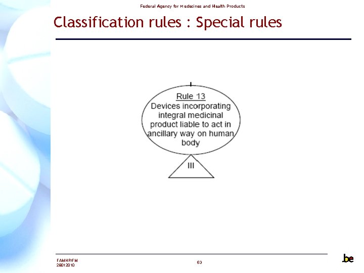 Federal Agency for Medecines and Health Products Classification rules : Special rules FAMHP/FM 28012010