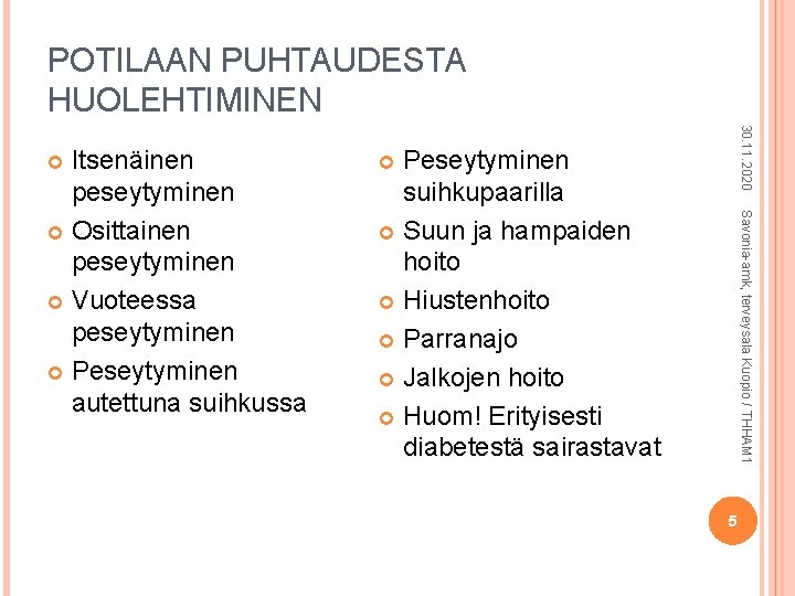 POTILAAN PUHTAUDESTA HUOLEHTIMINEN 30. 11. 2020 Peseytyminen suihkupaarilla Suun ja hampaiden hoito Hiustenhoito Parranajo