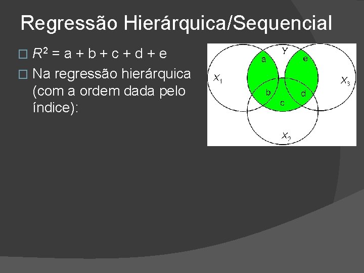 Regressão Hierárquica/Sequencial R 2 = a + b + c + d + e