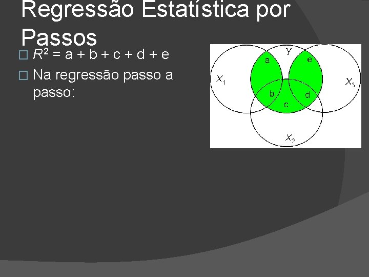 Regressão Estatística por Passos 2 R =a+b+c+d+e � Na regressão passo a passo: �