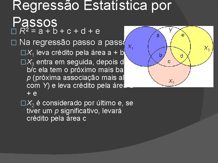 Regressão Estatística por Passos 2 R =a+b+c+d+e � Na regressão passo a passo: �