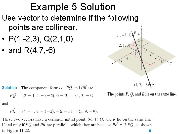 Example 5 Solution Use vector to determine if the following points are collinear. •