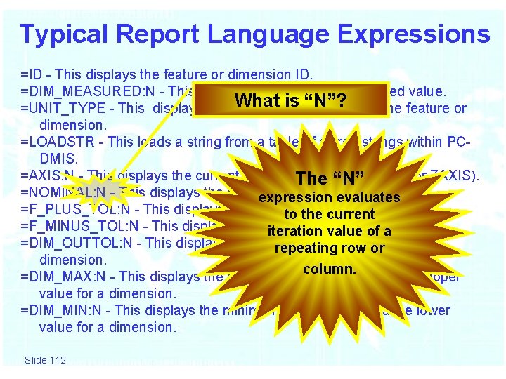 Typical Report Language Expressions =ID - This displays the feature or dimension ID. =DIM_MEASURED: