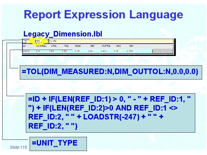 Report Expression Language Legacy_Dimension. lbl =TOL(DIM_MEASURED: N, DIM_OUTTOL: N, 0. 0) =ID + IF(LEN(REF_ID: