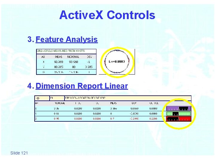 Active. X Controls 3. Feature Analysis 4. Dimension Report Linear Slide 121 