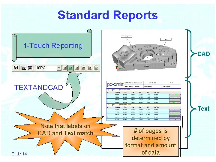 Standard Reports 1 -Touch Reporting CAD TEXTANDCAD Text Note that labels on CAD and