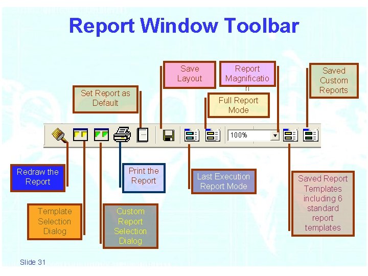 Report Window Toolbar Save Layout Set Report as Default Redraw the Report Template Selection