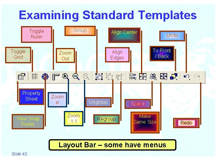 Examining Standard Templates Group Toggle Ruler Toggle Grid Property Sheet View Snap Points Align