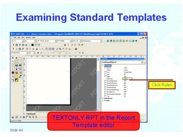 Examining Standard Templates Click Rules Slide 44 TEXTONLY. RPT in the Report Template editor