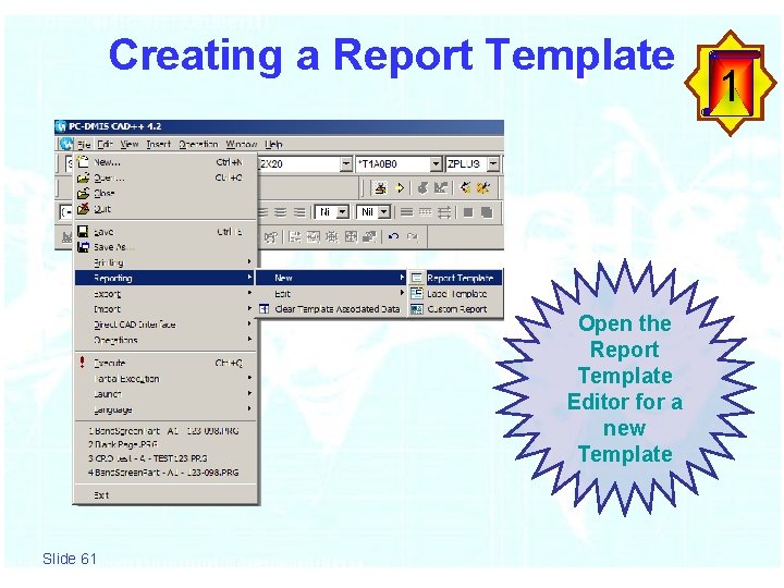 Creating a Report Template Open the Report Template Editor for a new Template Slide