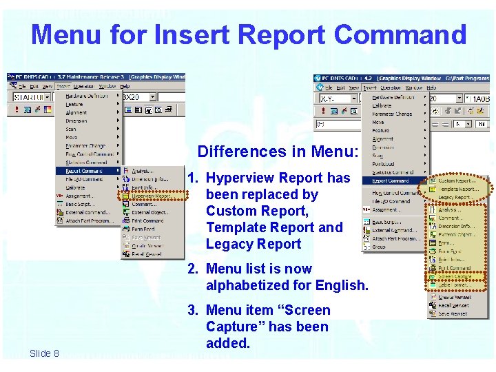 Menu for Insert Report Command Differences in Menu: 1. Hyperview Report has been replaced