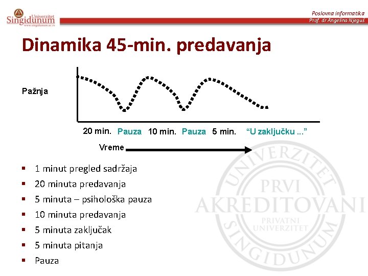 Poslovna informatika Prof. dr Angelina Njeguš Dinamika 45 -min. predavanja Pažnja 20 min. Pauza
