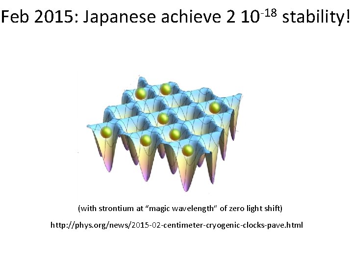 Feb 2015: Japanese achieve 2 10 -18 stability! (with strontium at “magic wavelength” of