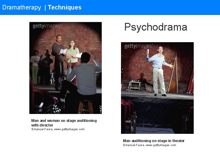 Dramatherapy | Techniques Psychodrama Man and woman on stage auditioning with director Emanuel Faure,