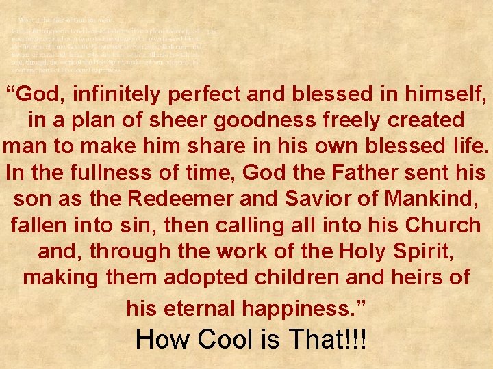 “God, infinitely perfect and blessed in himself, in a plan of sheer goodness freely