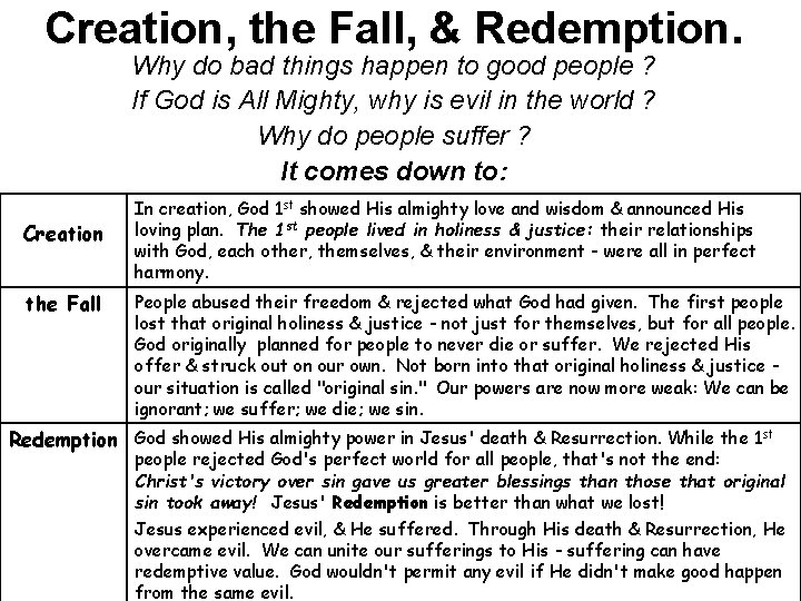 Creation, the Fall, & Redemption. Why do bad things happen to good people ?