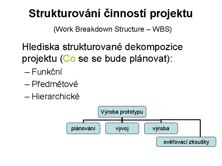 Strukturování činností projektu (Work Breakdown Structure – WBS) Hlediska strukturované dekompozice projektu (Co se