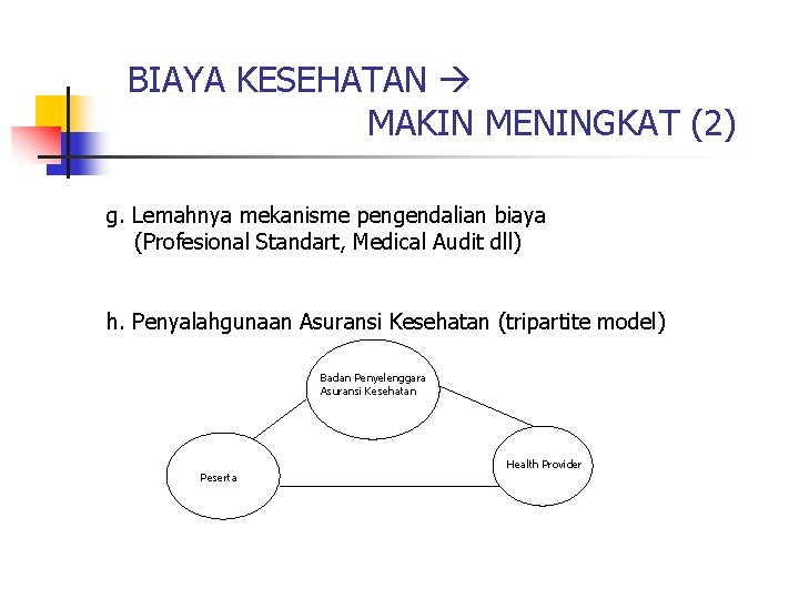 BIAYA KESEHATAN MAKIN MENINGKAT (2) g. Lemahnya mekanisme pengendalian biaya (Profesional Standart, Medical Audit