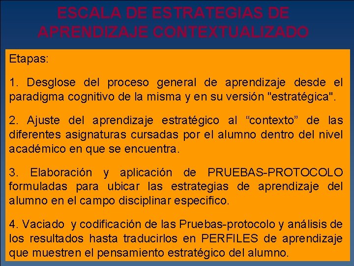 ESCALA DE ESTRATEGIAS DE APRENDIZAJE CONTEXTUALIZADO Etapas: 1. Desglose del proceso general de aprendizaje