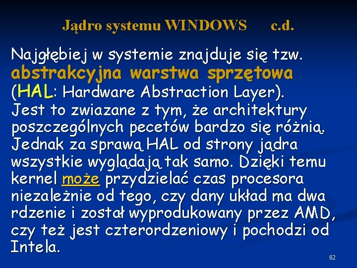 Jądro systemu WINDOWS c. d. Najgłębiej w systemie znajduje się tzw. abstrakcyjna warstwa sprzętowa