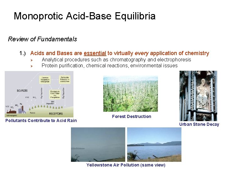 Monoprotic Acid-Base Equilibria Review of Fundamentals 1. ) Acids and Bases are essential to