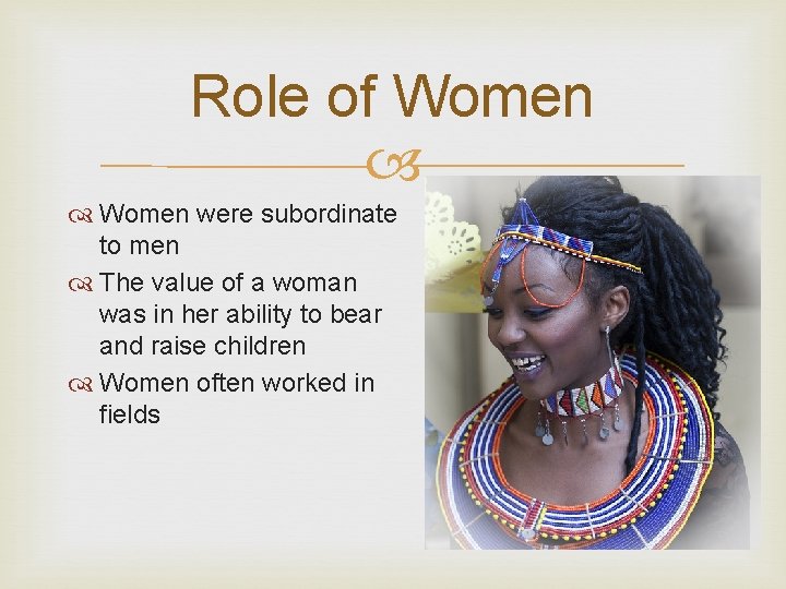 Role of Women were subordinate to men The value of a woman was in