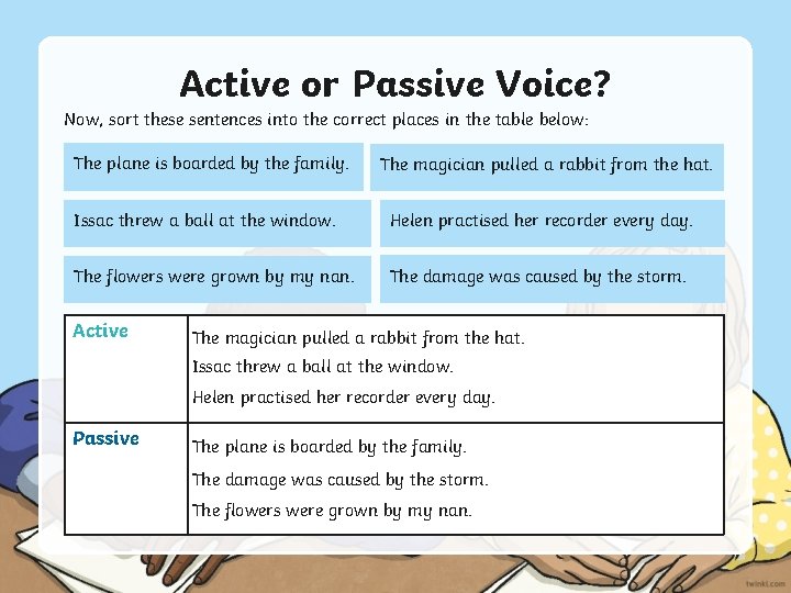 Active or Passive Voice? Now, sort these sentences into the correct places in the
