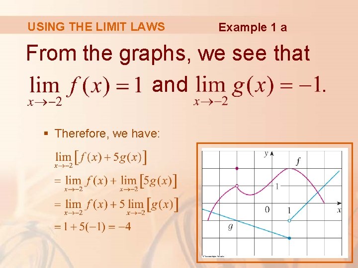 USING THE LIMIT LAWS Example 1 a From the graphs, we see that and.