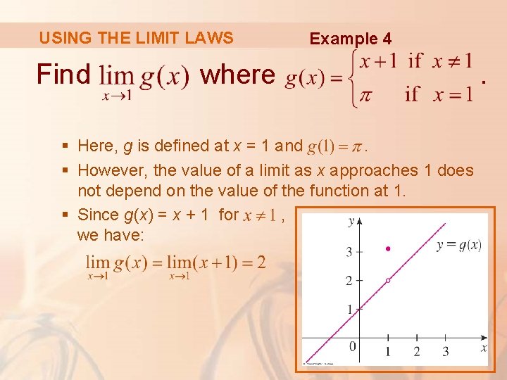 USING THE LIMIT LAWS Find Example 4 where § Here, g is defined at