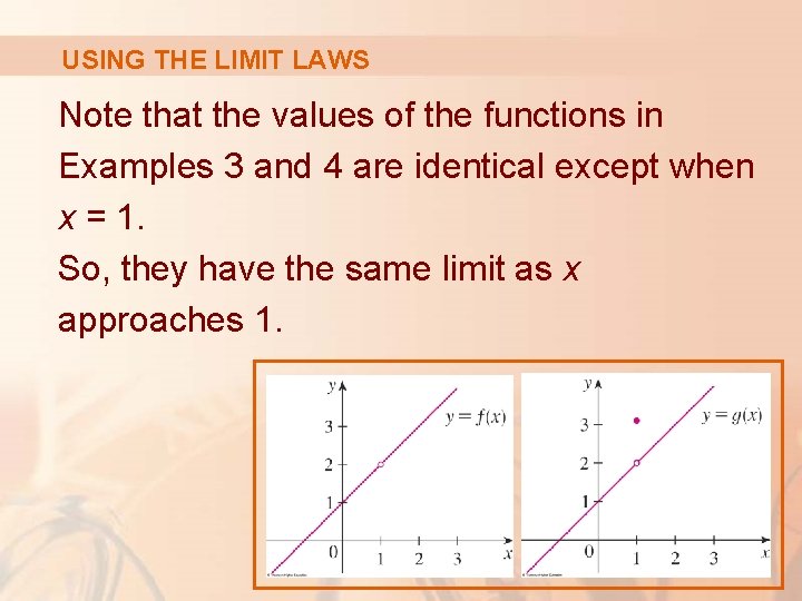 USING THE LIMIT LAWS Note that the values of the functions in Examples 3