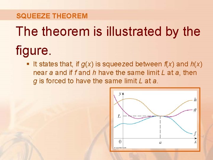 SQUEEZE THEOREM The theorem is illustrated by the figure. § It states that, if