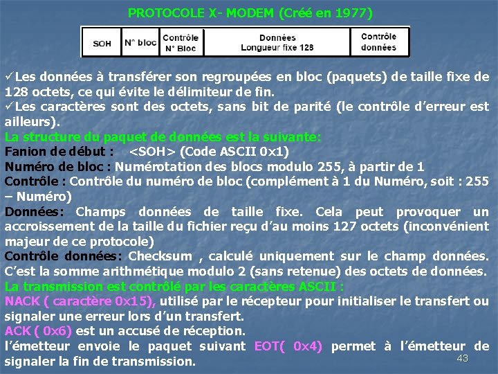 PROTOCOLE X- MODEM (Créé en 1977) üLes données à transférer son regroupées en bloc