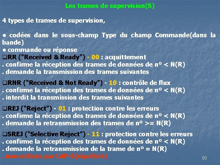 Les trames de supervision(S) 4 types de trames de supervision, • codées dans le