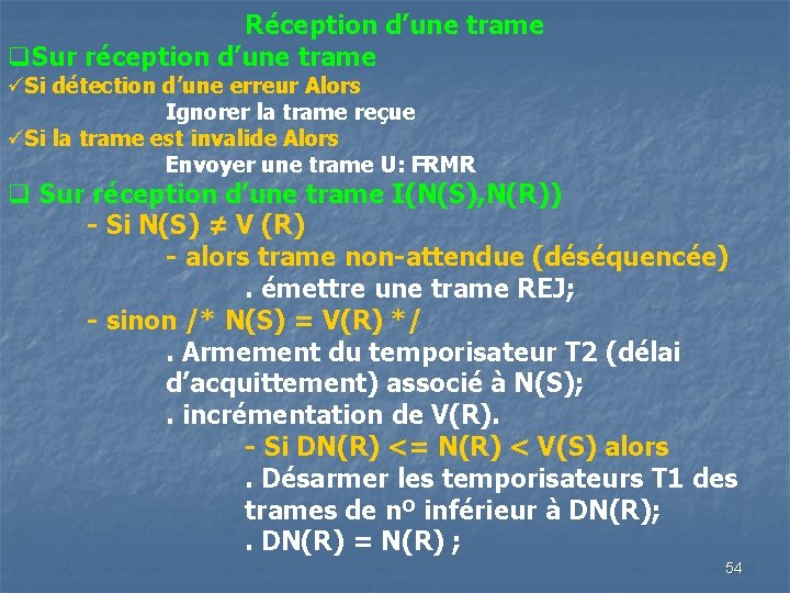 Réception d’une trame q. Sur réception d’une trame üSi détection d’une erreur Alors Ignorer