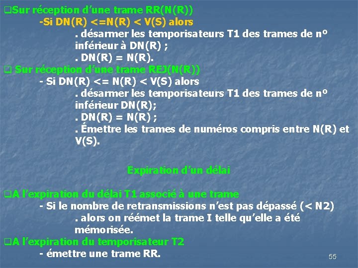 q. Sur réception d’une trame RR(N(R)) -Si DN(R) <=N(R) < V(S) alors. désarmer les