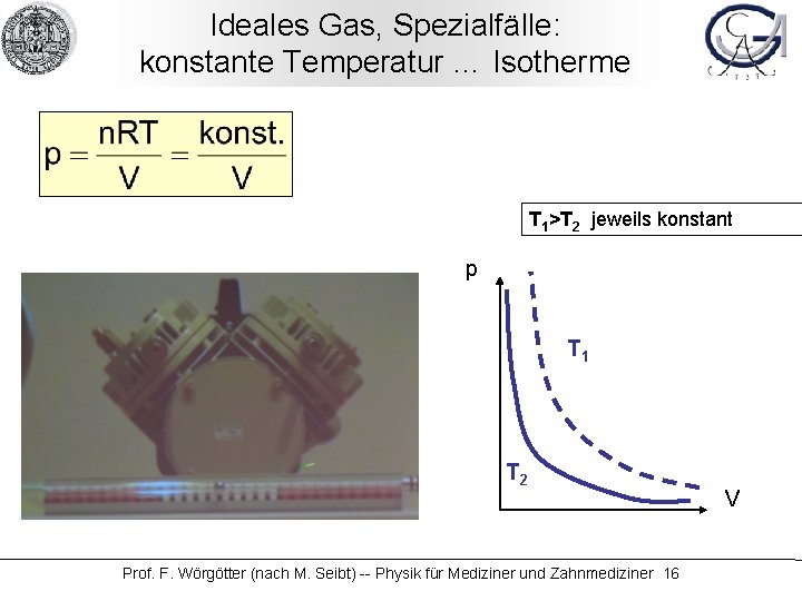 Ideales Gas, Spezialfälle: konstante Temperatur … Isotherme T 1>T 2 jeweils konstant p T