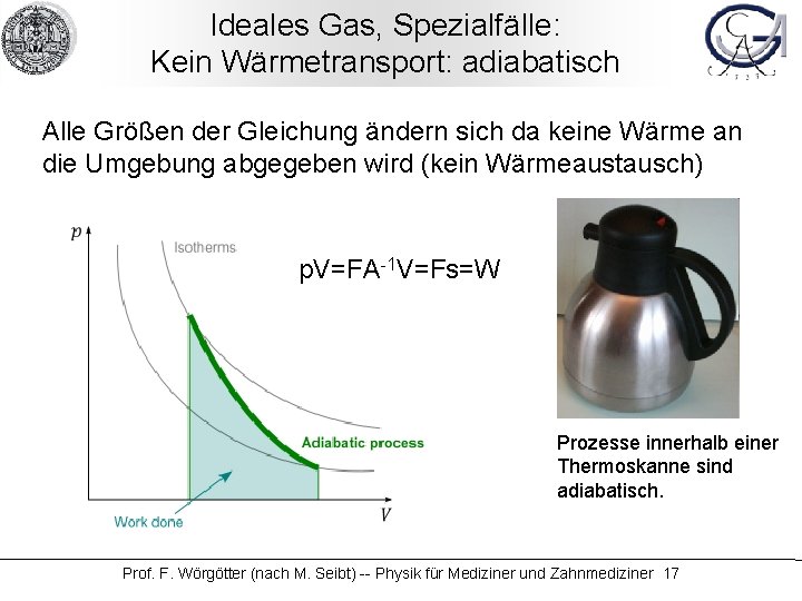 Ideales Gas, Spezialfälle: Kein Wärmetransport: adiabatisch Alle Größen der Gleichung ändern sich da keine
