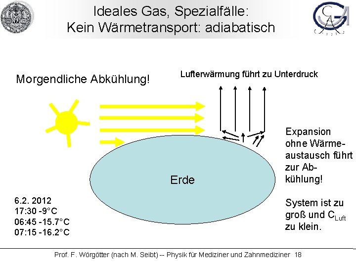 Ideales Gas, Spezialfälle: Kein Wärmetransport: adiabatisch Morgendliche Abkühlung! Lufterwärmung führt zu Unterdruck Erde 6.