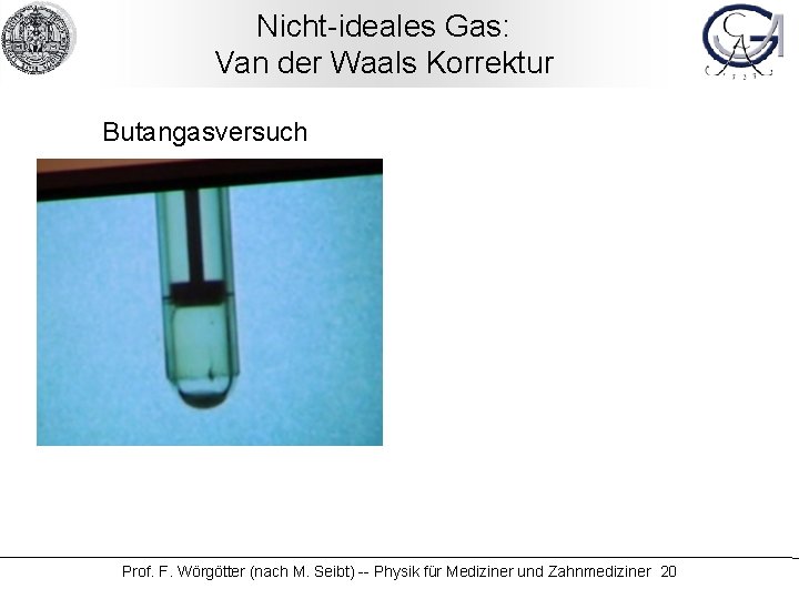 Nicht-ideales Gas: Van der Waals Korrektur Butangasversuch Prof. F. Wörgötter (nach M. Seibt) --