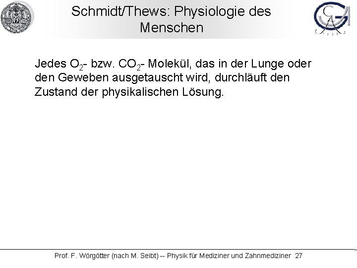 Schmidt/Thews: Physiologie des Menschen Jedes O 2 - bzw. CO 2 - Molekül, das