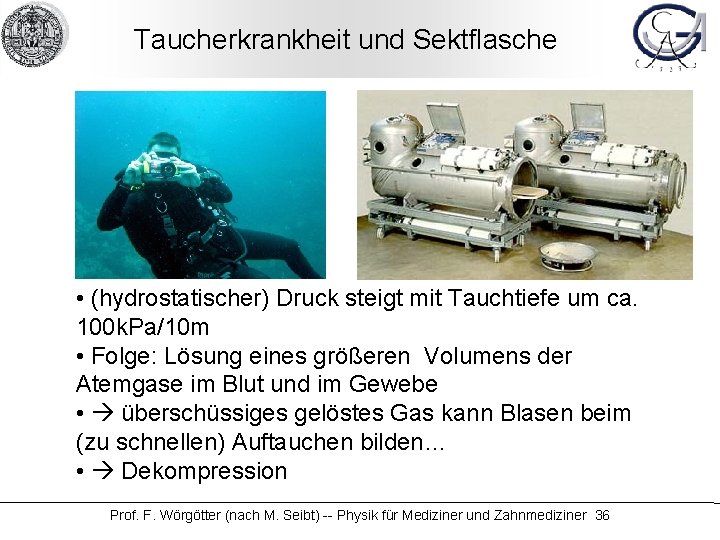 Taucherkrankheit und Sektflasche • (hydrostatischer) Druck steigt mit Tauchtiefe um ca. 100 k. Pa/10