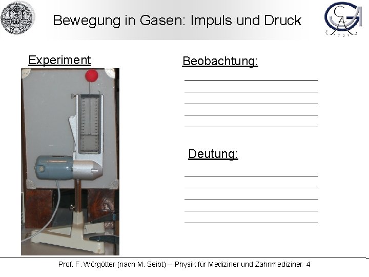 Bewegung in Gasen: Impuls und Druck Experiment Beobachtung: Deutung: Prof. F. Wörgötter (nach M.