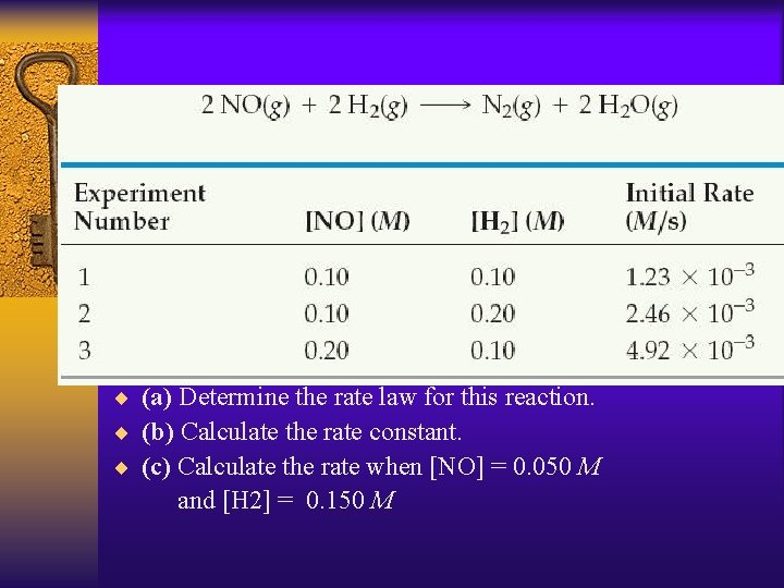 ¨ (a) Determine the rate law for this reaction. ¨ (b) Calculate the rate