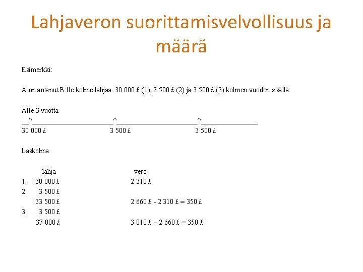 Lahjaveron suorittamisvelvollisuus ja määrä Esimerkki: A on antanut B: lle kolme lahjaa. 30 000