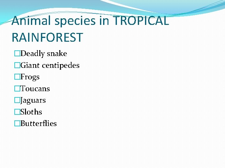 Animal species in TROPICAL RAINFOREST �Deadly snake �Giant centipedes �Frogs �Toucans �Jaguars �Sloths �Butterflies Animal species in TROPICAL RAINFOREST �Deadly snake �Giant centipedes �Frogs �Toucans �Jaguars �Sloths �Butterflies