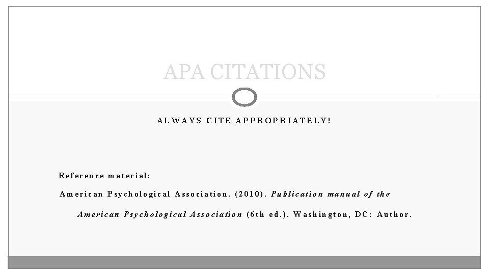 APA CITATIONS ALWAYS CITE APPROPRIATELY! Reference material: American Psychological Association. (2010). Publication manual of