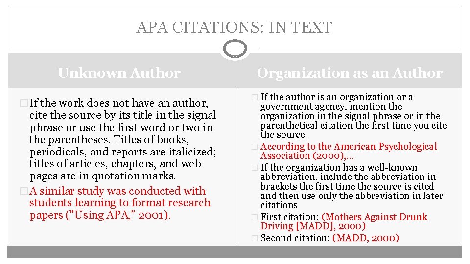 APA CITATIONS: IN TEXT Unknown Author � If the work does not have an