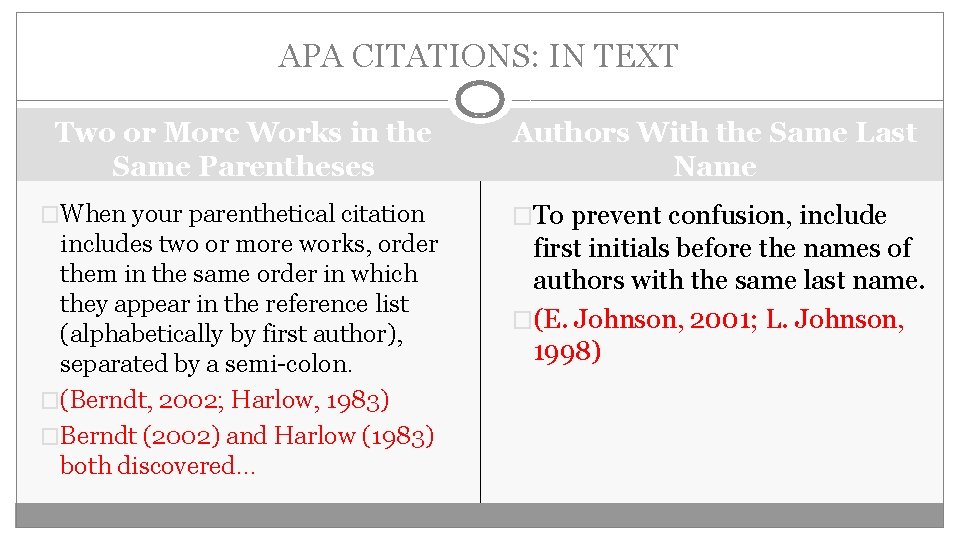 APA CITATIONS: IN TEXT Two or More Works in the Same Parentheses �When your