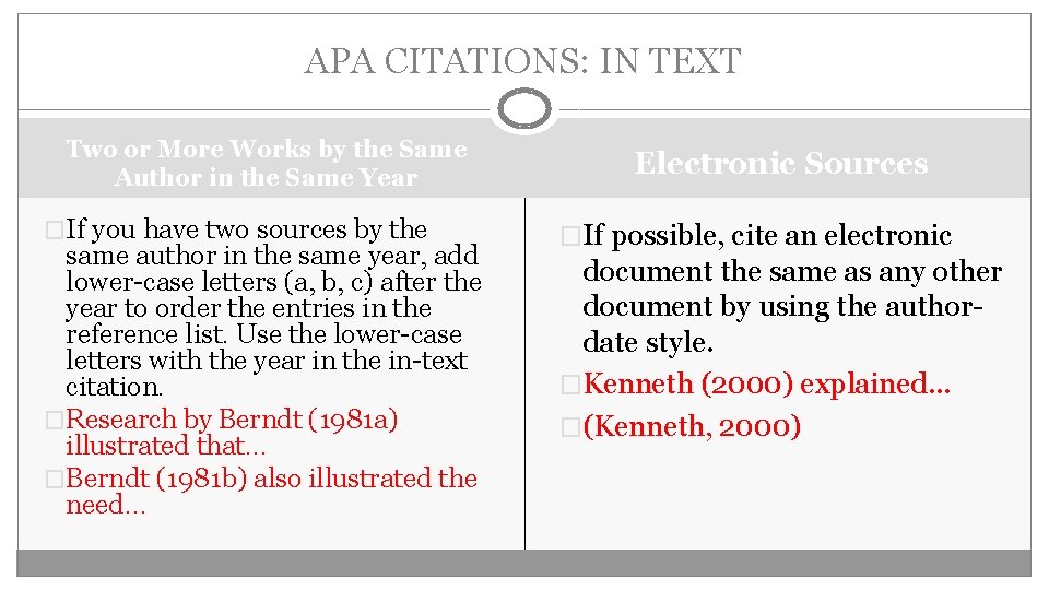 APA CITATIONS: IN TEXT Two or More Works by the Same Author in the
