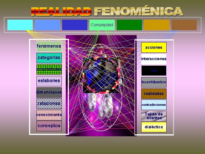 Complejidad fenómenos acciones categorías interacciones propiedades red eslabones incertidumbre dimensiones realidades relaciones contradicciones conocimiento